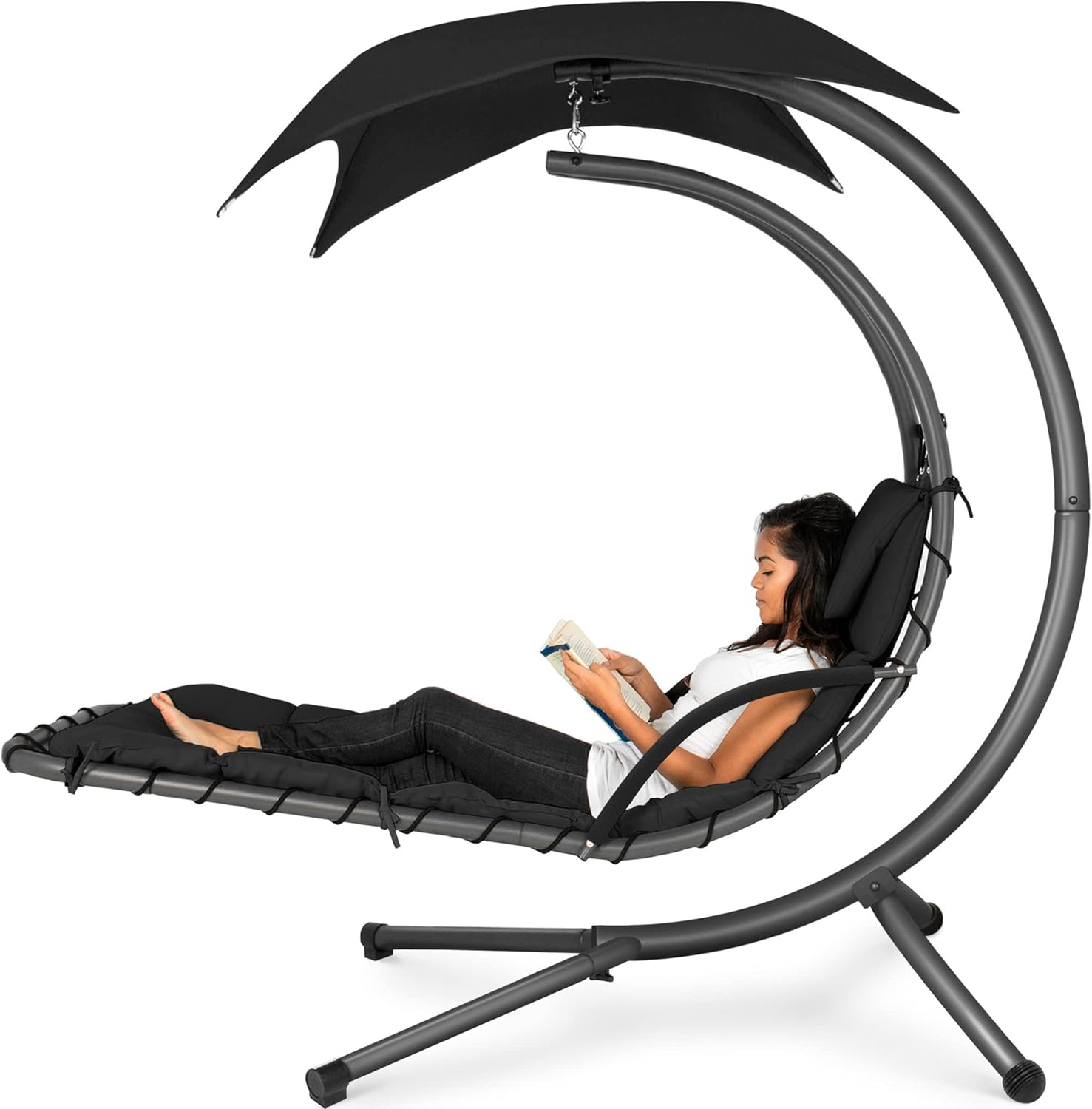 Best Choice Products Outdoor Hanging Curved Steel Chaise Lounge Chair Swing w/Built-in Pillow and Removable Canopy - Charcoal Gray wourant