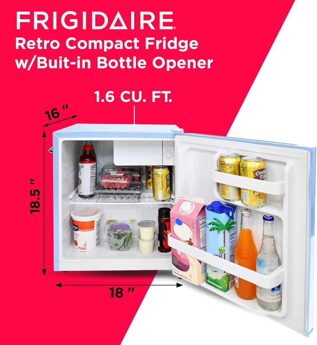 Frigidaire EFR176 Retro Compact Fridge with Chiller Mini Refrigerator with Built-in Bottle Opener for Office, Bedroom, Dorm Room or Cabin, 1.6 cu ft 16" D x 18" W x 18.5" H, Moonlight wourant