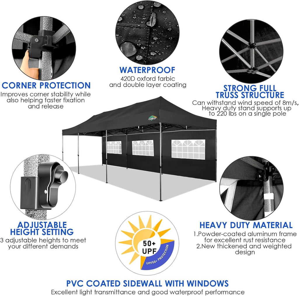 COBIZI 10x20 Heavy Duty Pop up Canopy Tent with 6 sidewalls Easy Up Commercial Outdoor Canopy Wedding Party Tents for Parties All Season Wind & Waterproof Gazebo with Roller Bag,Black(Frame Thickened) wourant