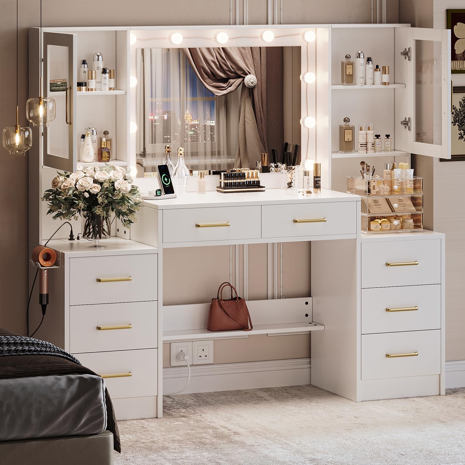 Black Vanity Desk with Mirror, Lights & Charging Station, 58.3" 3 Lighting Modes wourant