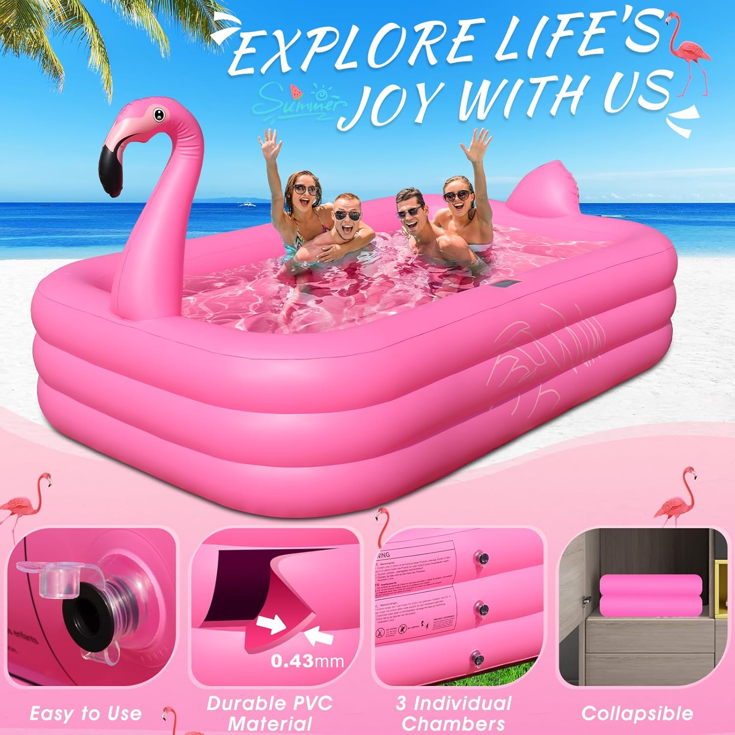 Inflatable Pool with Lights, Solar Flamingo Swimming Pool for Kids,Adults Inflatable Blow up Pool, Large Kiddie Pool, Durable Thickened Inflatable Family Pool for Backyard,Outdoor,105"x65"x25" wourant