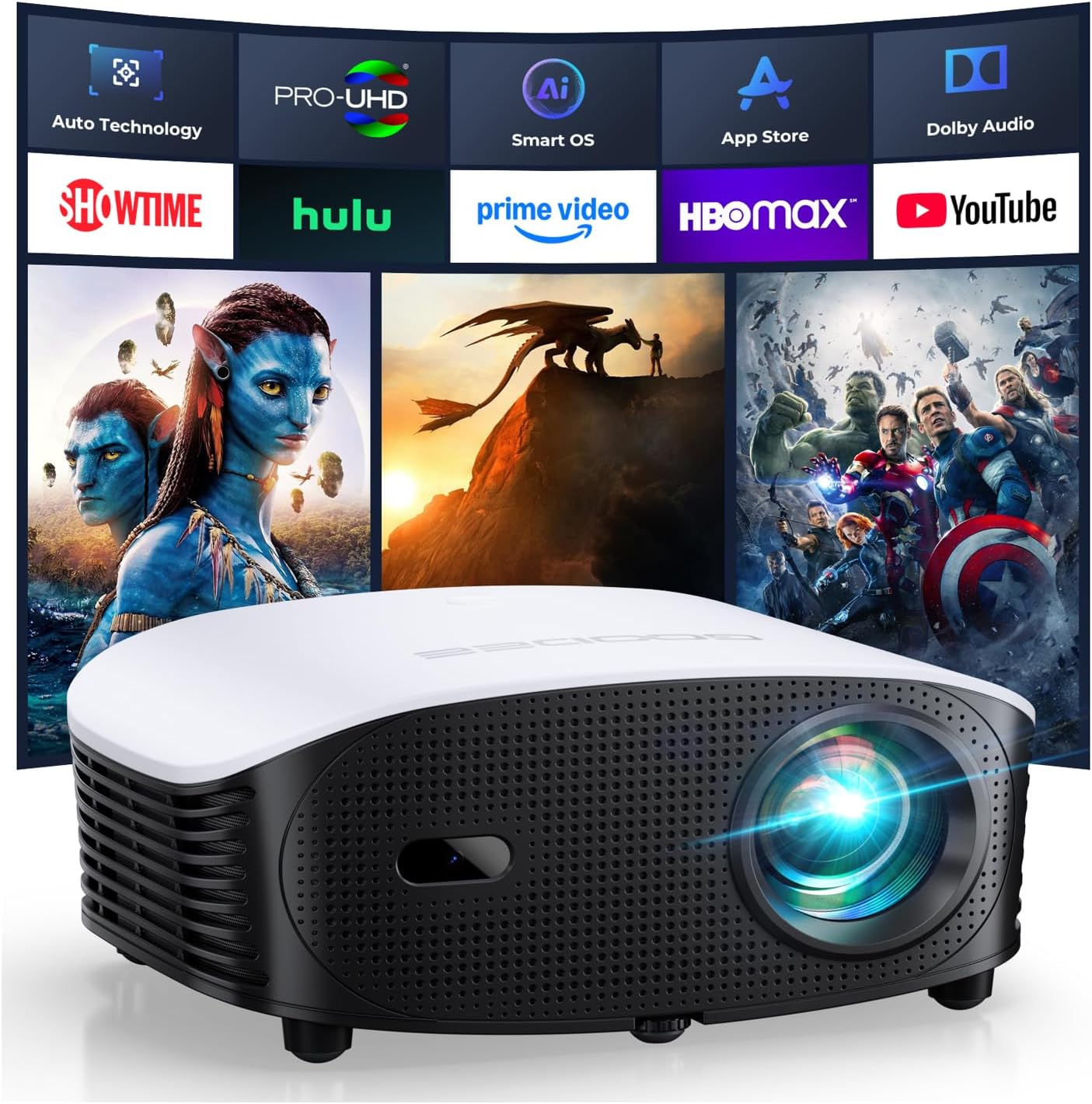 GooDee Smart Mini Projector with WiFi and Bluetooth - 1200 ANSI 4K Support wourant