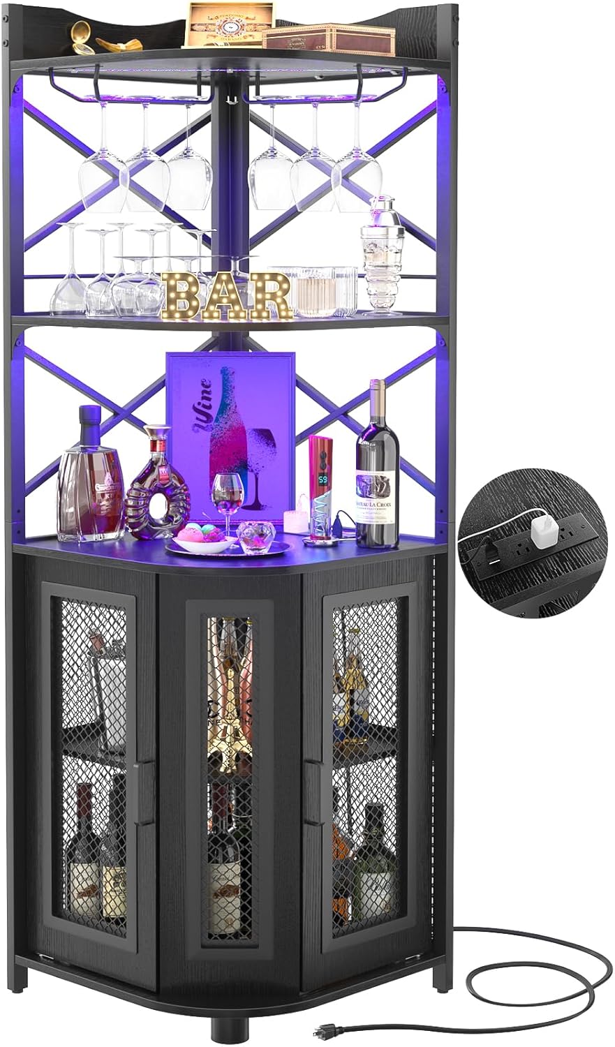 Aheaplus Corner Bar Cabinet with Power Outlet, Industrial Wine Cabinet with LED Strip and Glass Holder, 5-Tiers Liquor Cabinet Bar Unit for Home, Corner Display Cabinet for Small Space, White Oak wourant