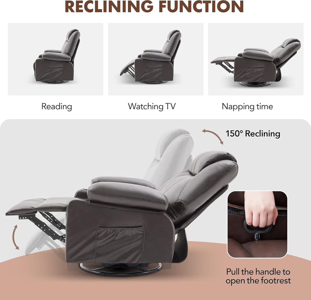 Large Swivel Rocking Recliner with Heating and Massage Function, 360 Degree Swivel Rocking Single Sofa wourant