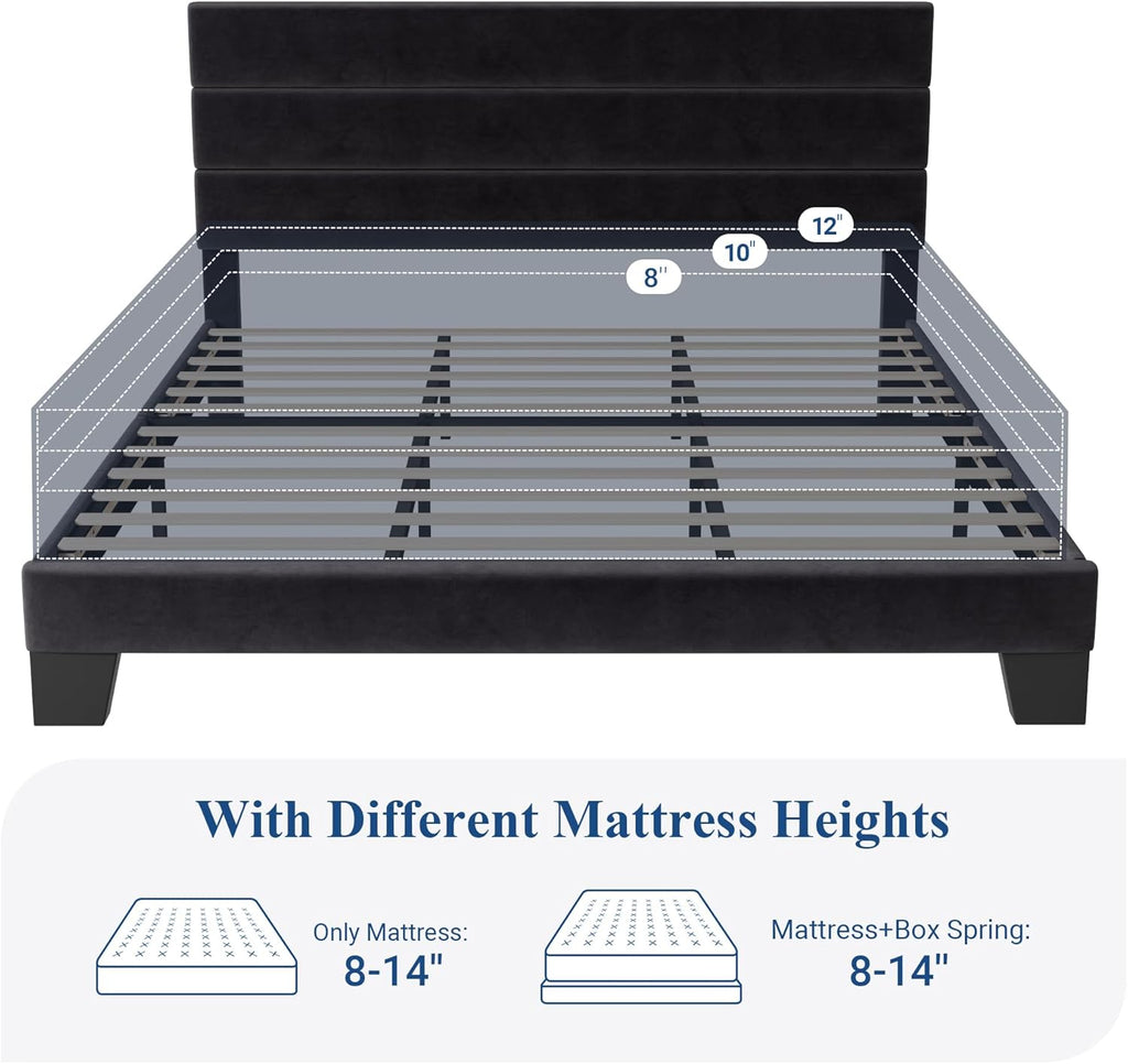 Allewie Queen Size Platform Bed Frame Fabric Upholstered Headboard Wooden Slats Support wourant