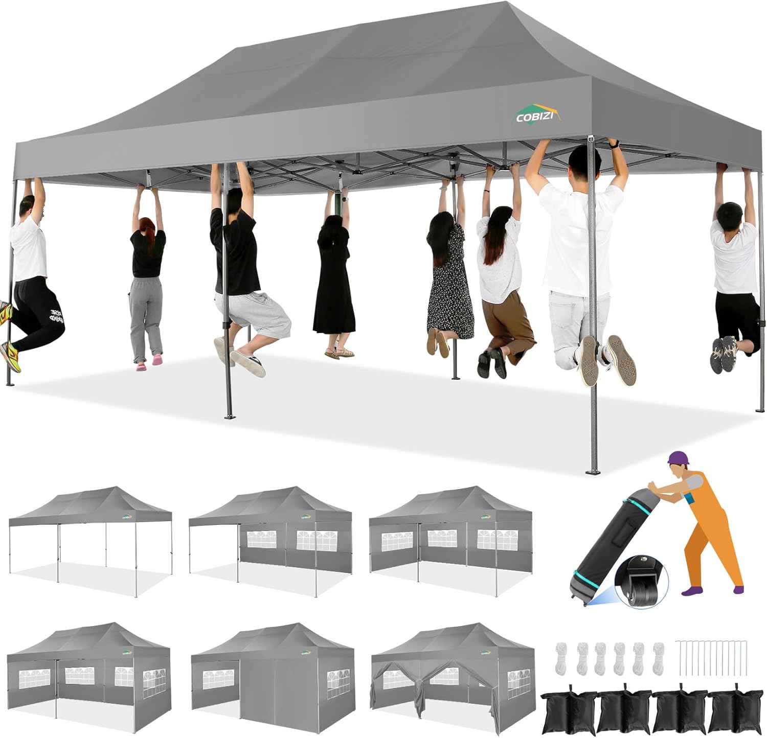 COBIZI 10x20 Heavy Duty Pop up Canopy Tent with 6 sidewalls Easy Up Commercial Outdoor Canopy Wedding Party Tents for Parties All Season Wind & Waterproof Gazebo with Roller Bag,Black(Frame Thickened) wourant