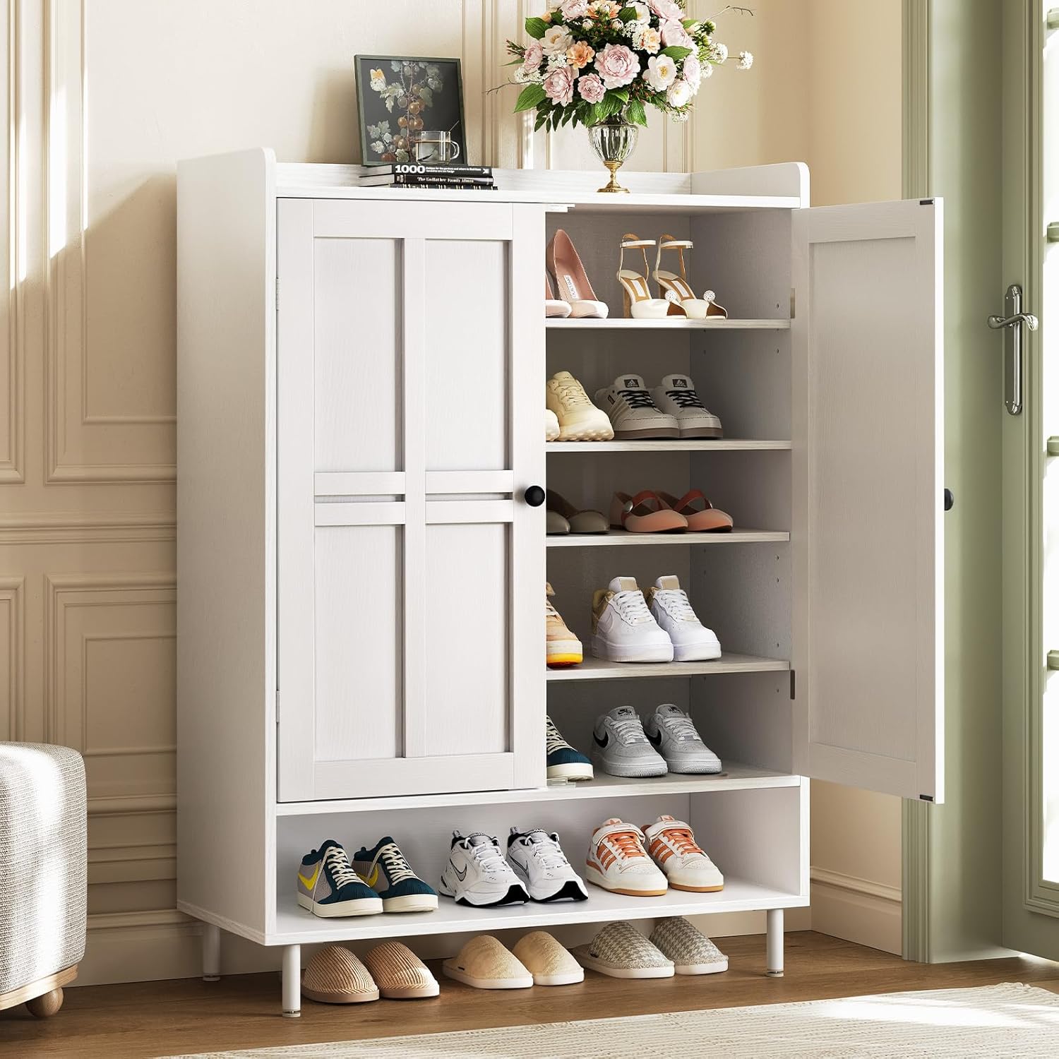 Black 7+1 Tier Farmhouse Shoe Storage Cabinet - 45" Tall Entryway Organizer wourant