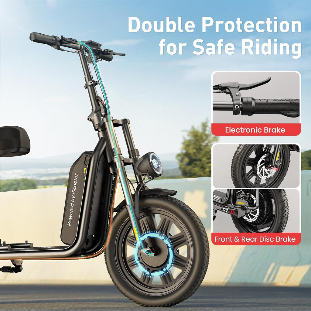 iScooter electric scooter with seat, 37/21 mile range, 28/19/15.6 mph top speed, dual suspension scooter with basket wourant