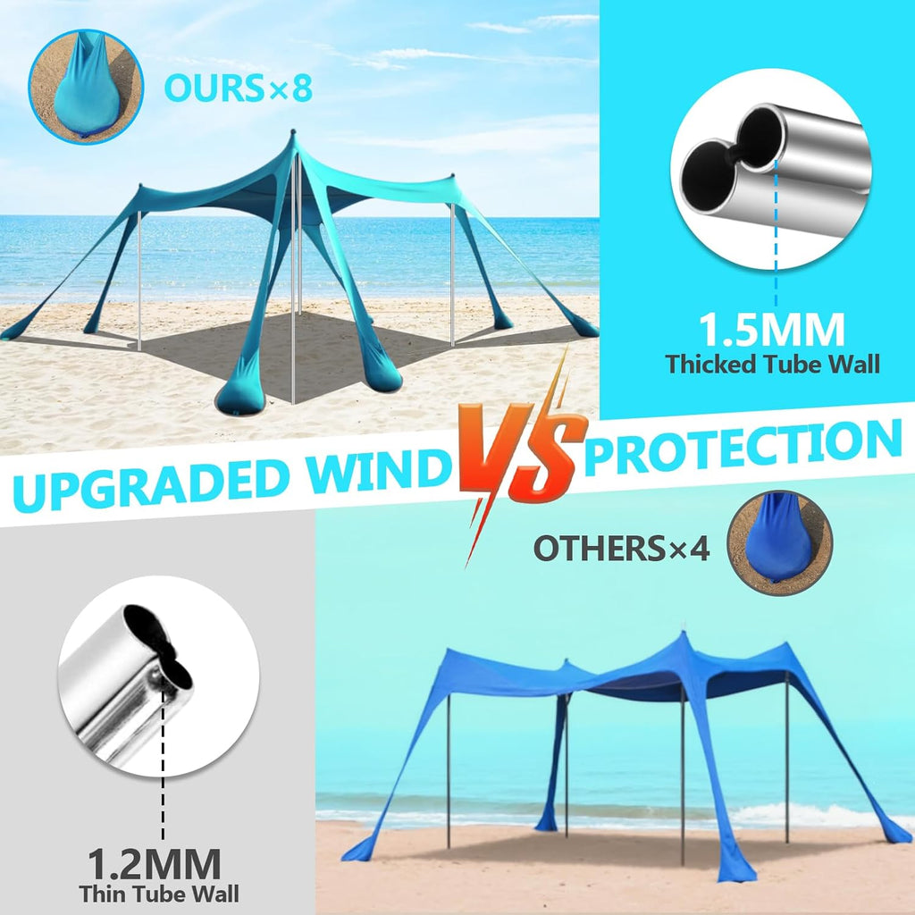 Beach Tent Sun Shelter, 10 x 10 FT Beach Canopy Tent Sun Shade Heavy Duty, UPF50+ Beach Tent Canopy with 8 Sandbags & 4 Stability Poles, Outdoor Beach Shade Canopy for Camping and Fishing, Blue wourant