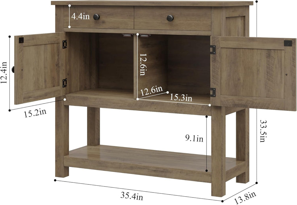 HOSTACK Farmhouse Console Table with 2-Door Cabinet & 2 Drawers, Coffee Bar, Entryway Table with Storage Shelf, Sofa Tables Buffet Sideboard for Kitchen, Hallway, Dining, Living Room, Rustic Brown wourant