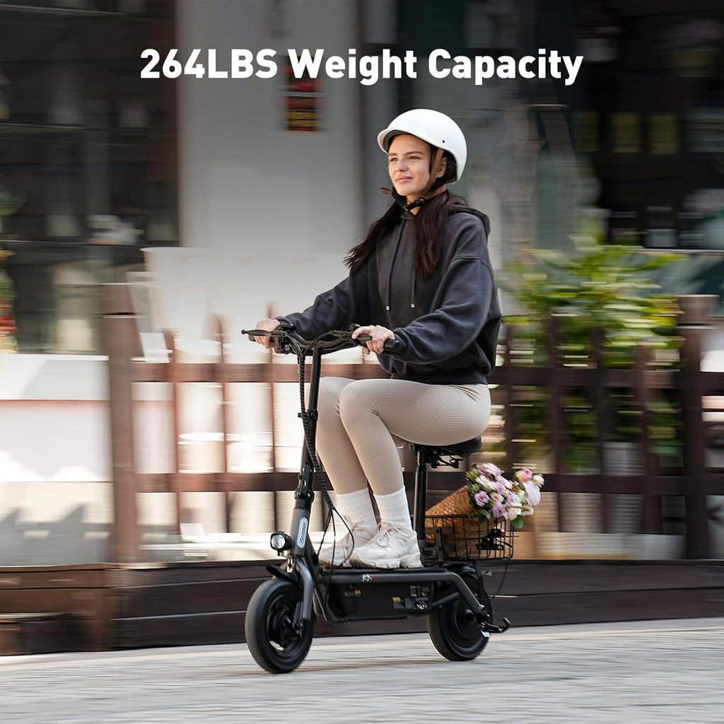 iScooter electric scooter with seat, 37/21 mile range, 28/19/15.6 mph top speed, dual suspension scooter with basket wourant