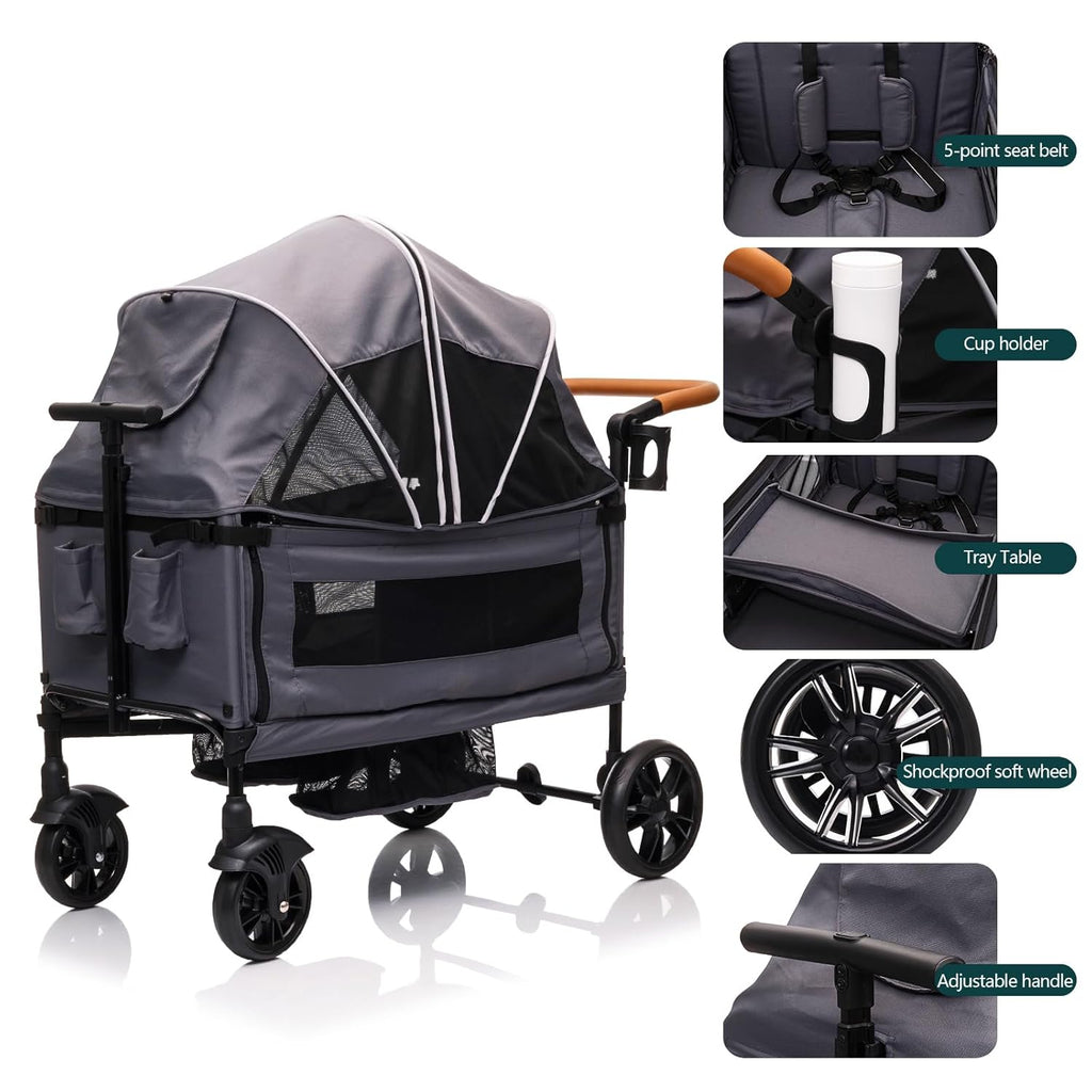 Wagon Stroller for 2 Kids & Cargo-Travel Stroller Push-Pull Double Wagon Lightweight Folding Stroller for Newborn&Toddler with 5-Point Harness,Adjustable Handle Bar and Canopy,Tray Table,Cup Holder wourant