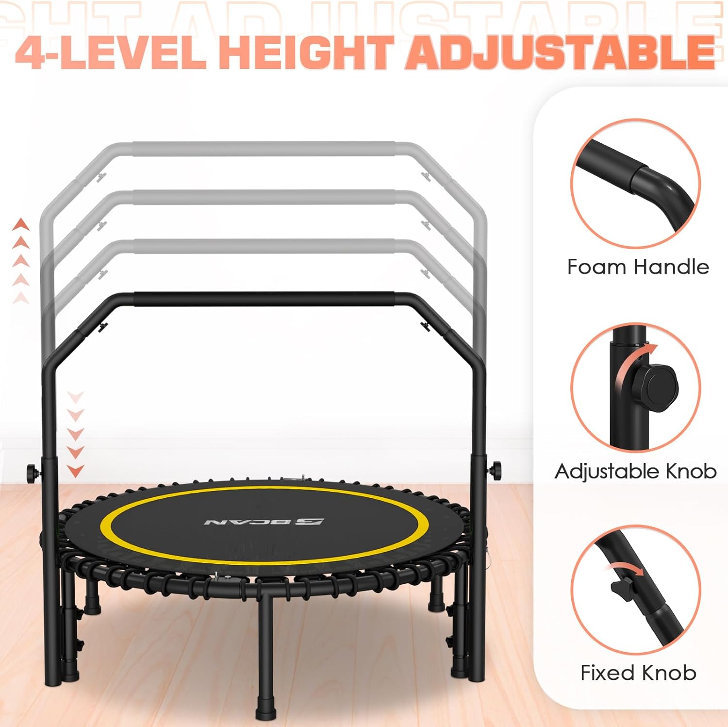 BCAN 450/550 LBS Foldable Mini Trampoline, 40"/48" Fitness Trampoline with Bungees, U Shape Adjustable Foam Handle, Stable & Quiet Exercise Rebounder for Adults Indoor/Outdoor Workout wourant