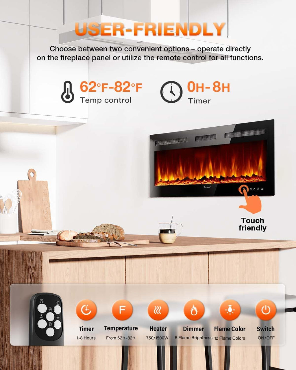 Electric Fireplace 60Inch,Wall Mounted Electric Fireplace Heater with Timer Inserts，TV Stand Touch Screen and Realistic Flame,Log Set,Crystal Flames 750 to 1500W，Remote for Living Room wourant