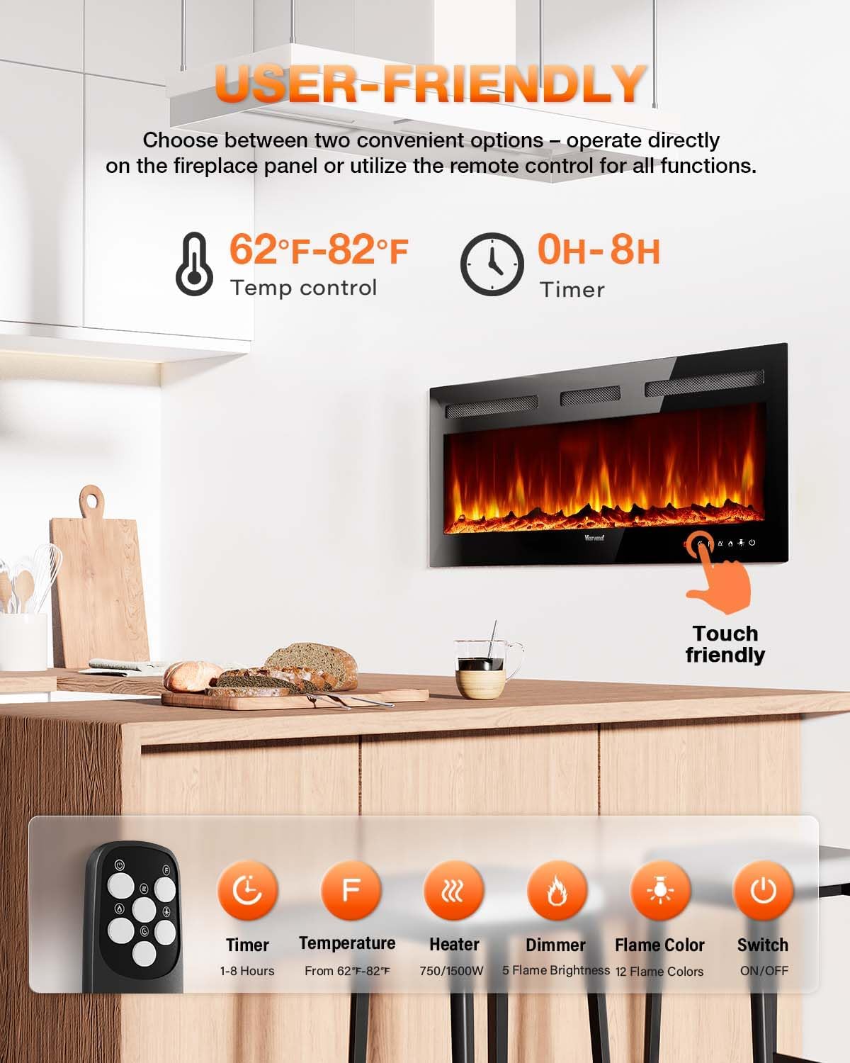 Electric Fireplace 60Inch,Wall Mounted Electric Fireplace Heater with Timer Inserts，TV Stand Touch Screen and Realistic Flame,Log Set,Crystal Flames 750 to 1500W，Remote for Living Room wourant