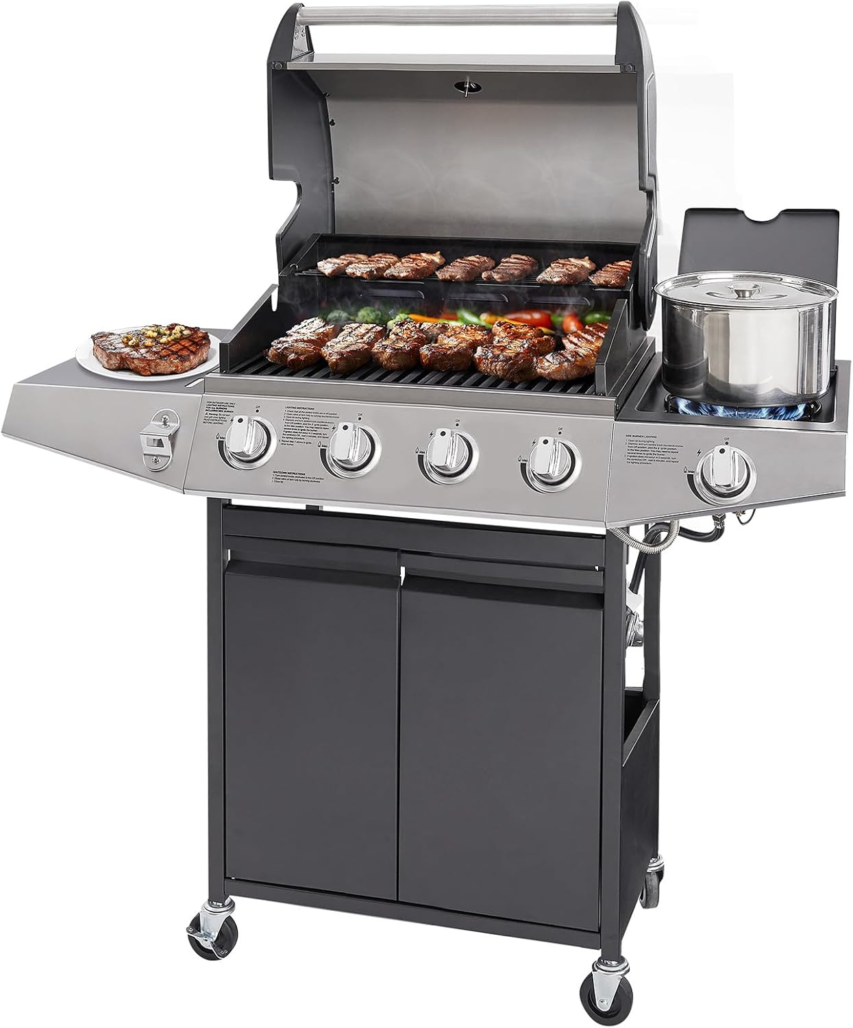 Unovivy 4-Burner Propane Gas Grill with Side Burner, Portable BBQ Grills with Oil Tray wourant