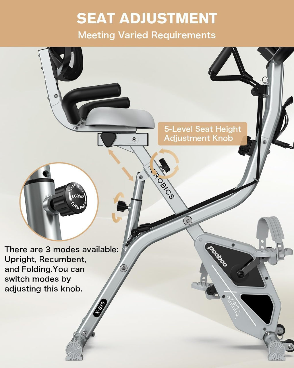 pooboo Folding Exercise Bike, Foldable Fitness Stationary Bike Machine, Upright Indoor Cycling Bike, Magnetic X-Bike with 8-Level Adjustable Resistance, Bottle Holder & Back Support Cushion for Home Gym Workout wourant