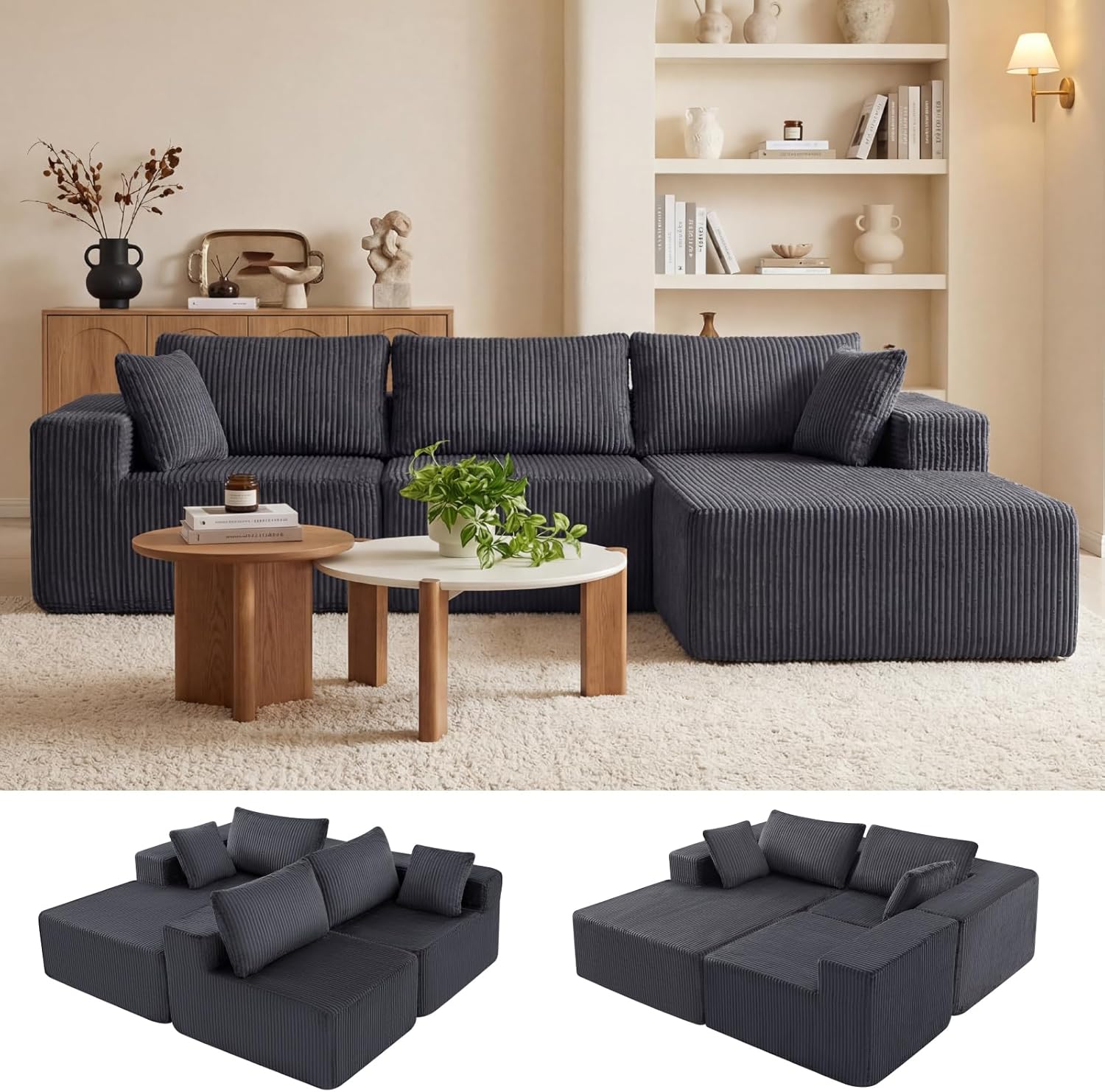 DUMOS 108" Boneless Couch, Cloud Sectional Couch with L-Shape Chaise, Modular Sectional Sofa with Deep Seat, Upholstered Couch for Living Room Bedroom, No Assembly Required (Grey, Left Facing Chaise) wourant
