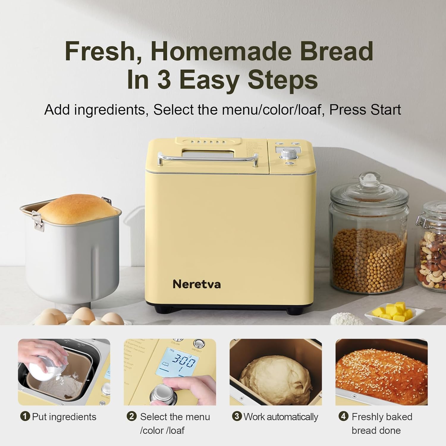 Neretva Bread Maker, 20-in-1 2LB Bread Maker Dual Heater Bread Maker Automatic with Non-Stick Ceramic Pan wourant