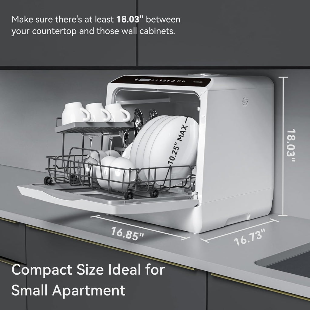 Hermitlux Countertop Dishwasher, 7 Washing Programs Portable Mini Dishwasher with 5-Liter Built-in Water Tank for Apartments & RVs, LED Light, Glass Door, No Hookup Needed wourant