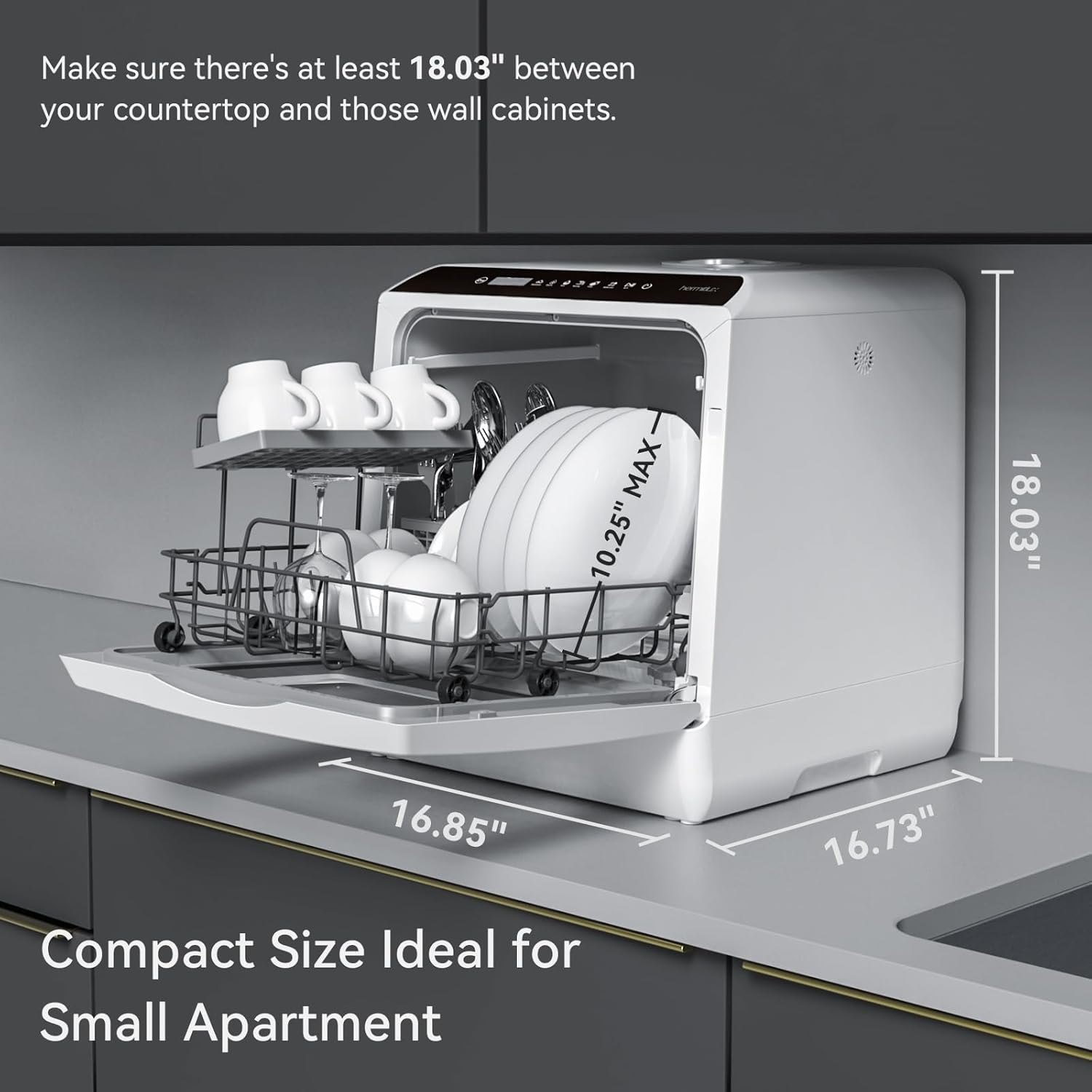 Hermitlux Countertop Dishwasher, 7 Washing Programs Portable Mini Dishwasher with 5-Liter Built-in Water Tank for Apartments & RVs, LED Light, Glass Door, No Hookup Needed wourant