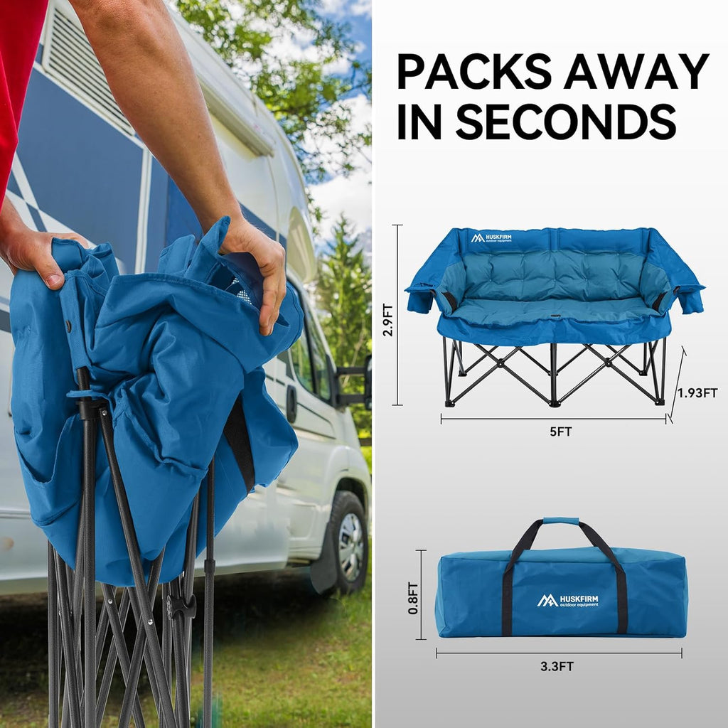 Double Camping Chairs Padded Loveseat Chair for 2 Person - Heavy Duty Oversized Camping Couch for Adults Outdoor Lawn Beach - Portable Folding Sofa with Cup Holders and Carry Bag, Grey wourant