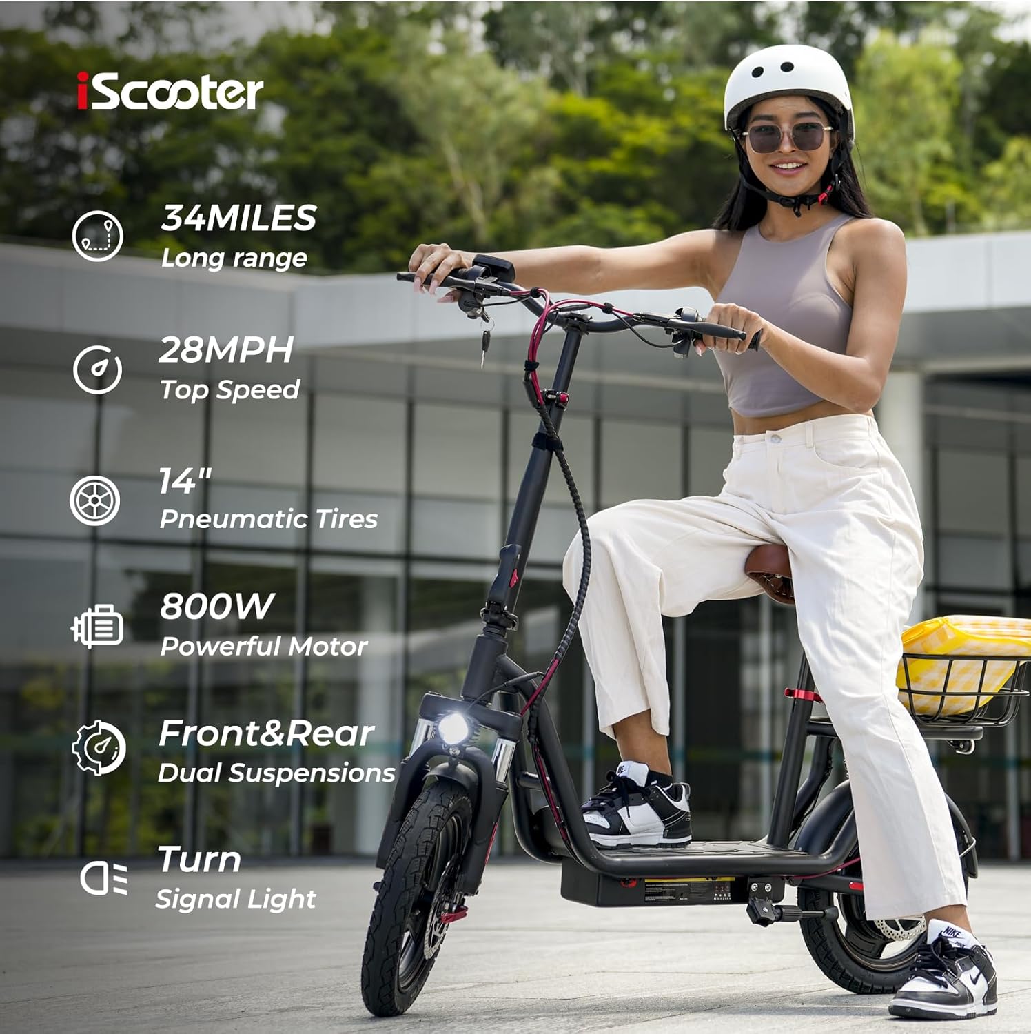 iScooter electric scooter with seat, 37/21 mile range, 28/19/15.6 mph top speed, dual suspension scooter with basket wourant