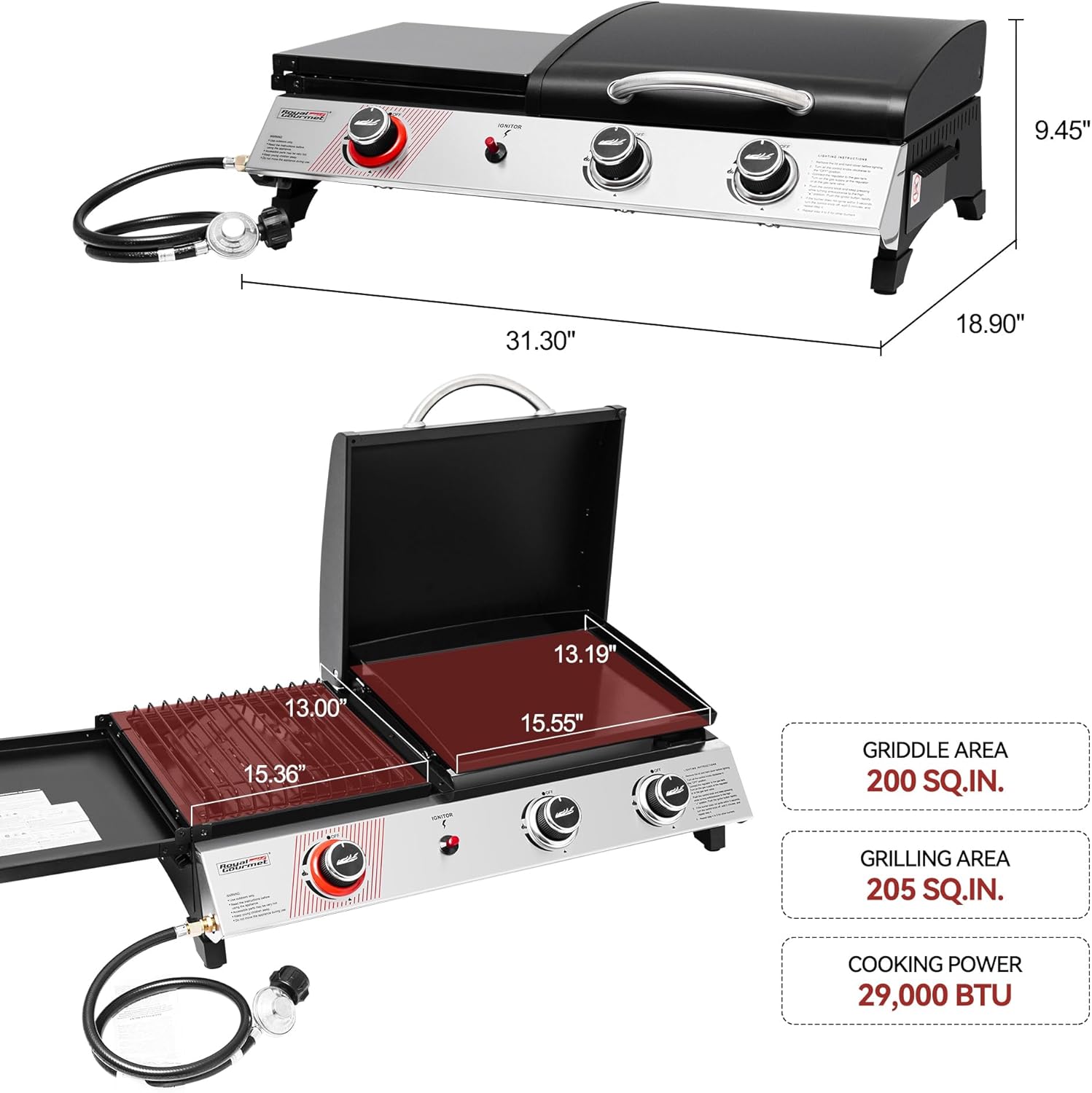Royal Gourmet PD1305H 3 Burner Propane Gas Grill and Griddle Combo Lid 3-in-1 Grill Griddle Combo wourant