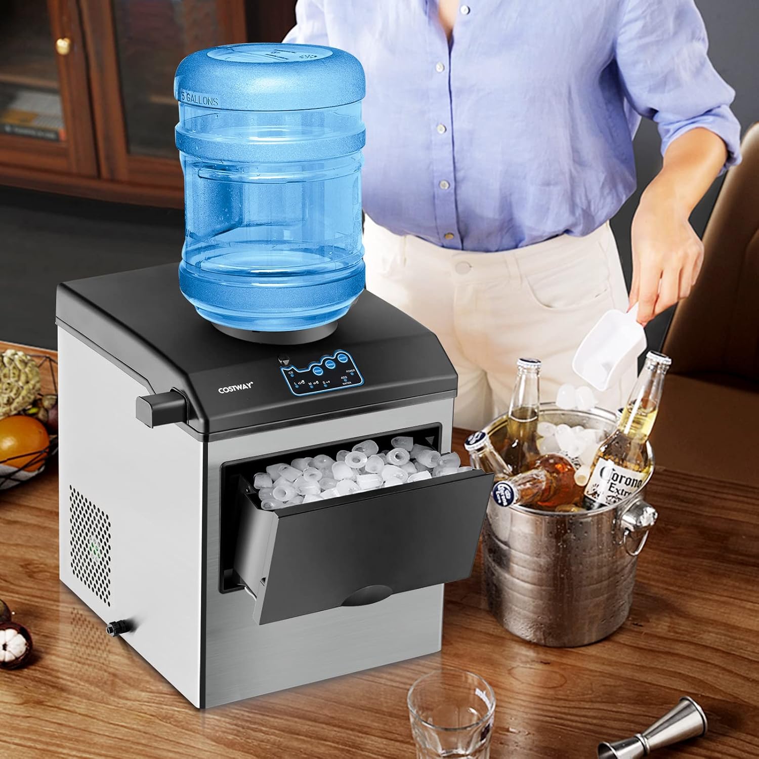 COSTWAY Countertop Ice Maker with Water Dispenser, 3 Sizes Bullet Shaped Ice, 48lbs/Day, Fast Ready in 6 Minutes, Ice Machine with Cold Water for Home Bar Kitchen Office wourant