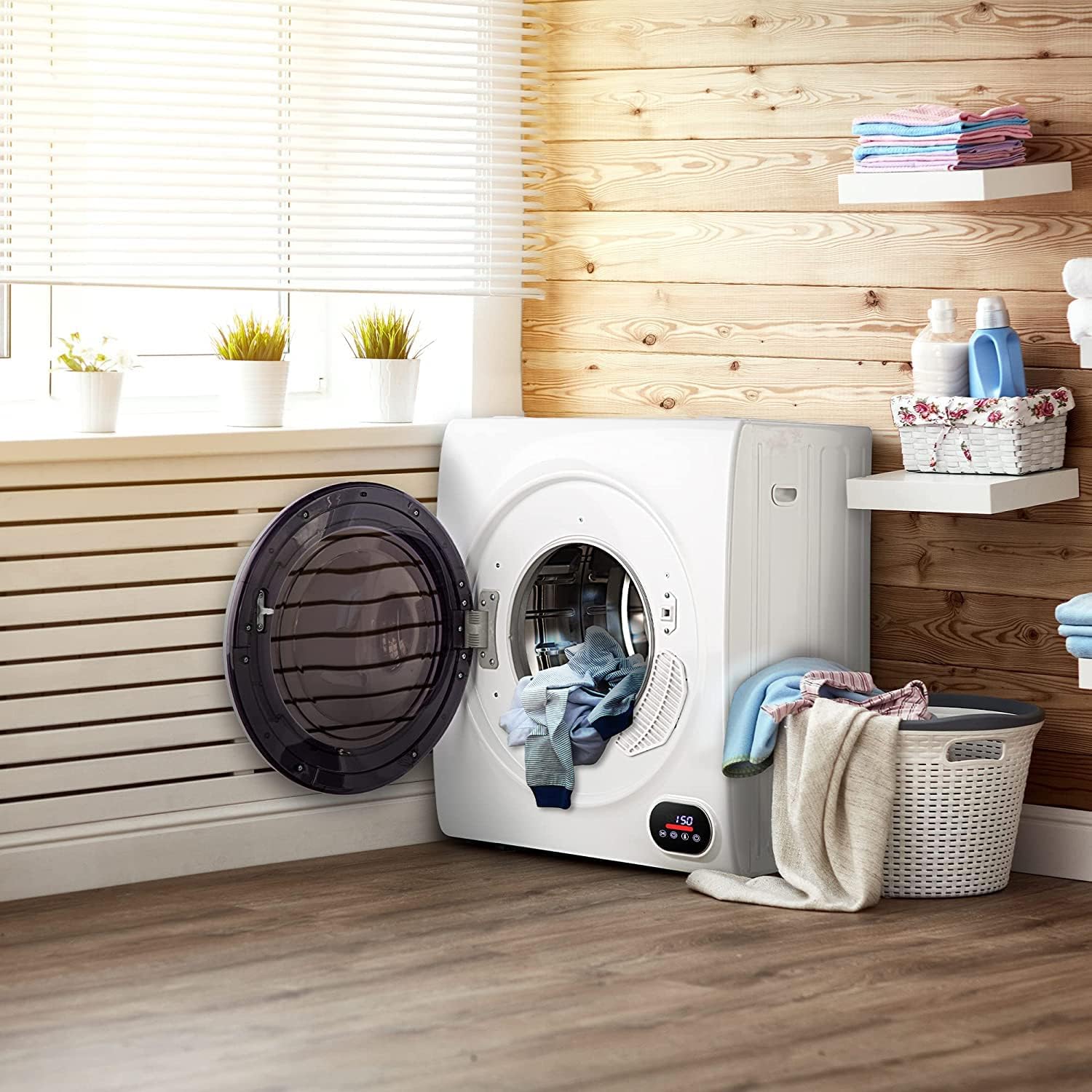 Compact Laundry Dryer, 3.5 cu ft Front Load Stainless Steel Clothes Dryers With Exhaust Pipe, 1500W, LCD Control Panel Four-Function Portable Dryer For Apartments, Home, Dorm, White wourant