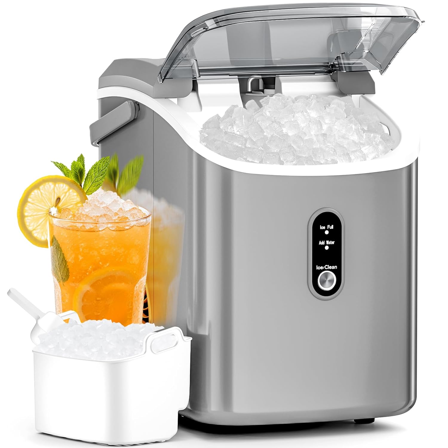 Antarctic Star Nugget Ice Maker Countertop with Soft Chewable Ice, Portable Sonic Ice Maker with Basket and Scoop, Removable Top Cover, Auto-Cleaning for Home/Party/RV/Camping (Stainless Steel Silver) woonhhop