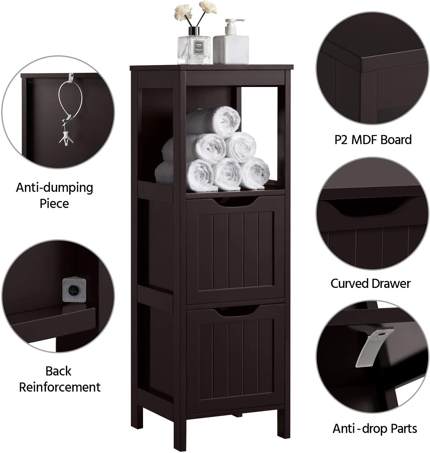 Bathroom Floor Cabinet, Wooden Storage Cabinet with 2 Drawers, Multifunctional Side Organizer Rack Stand Table wourant