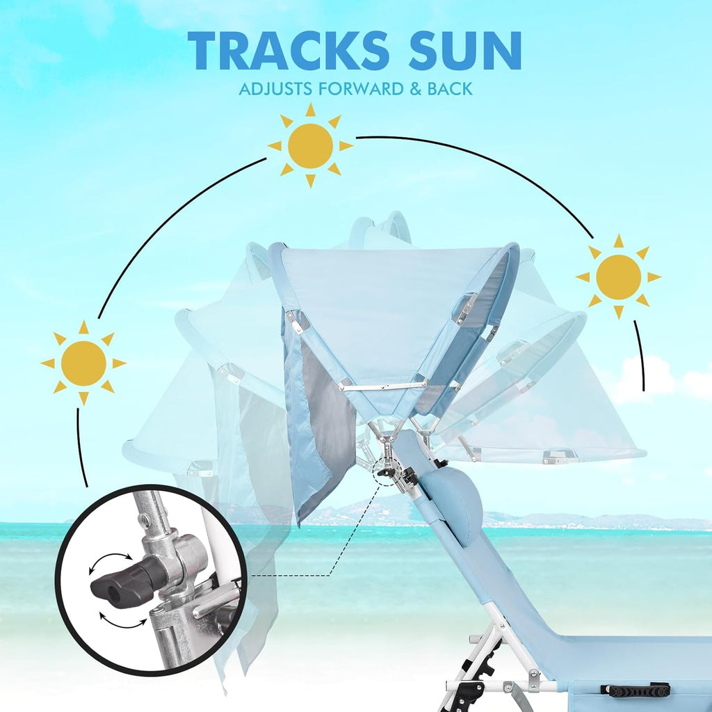 Tanning Chair with Sun Canopy Face Hole, Heavy Duty Folding Chaise Lounge Chair 5 Position Reclining for Adults Outside Reading Sunbathing Poolside Camping Beach, UPF 50+ Sun Shade, 300 LBS wourant