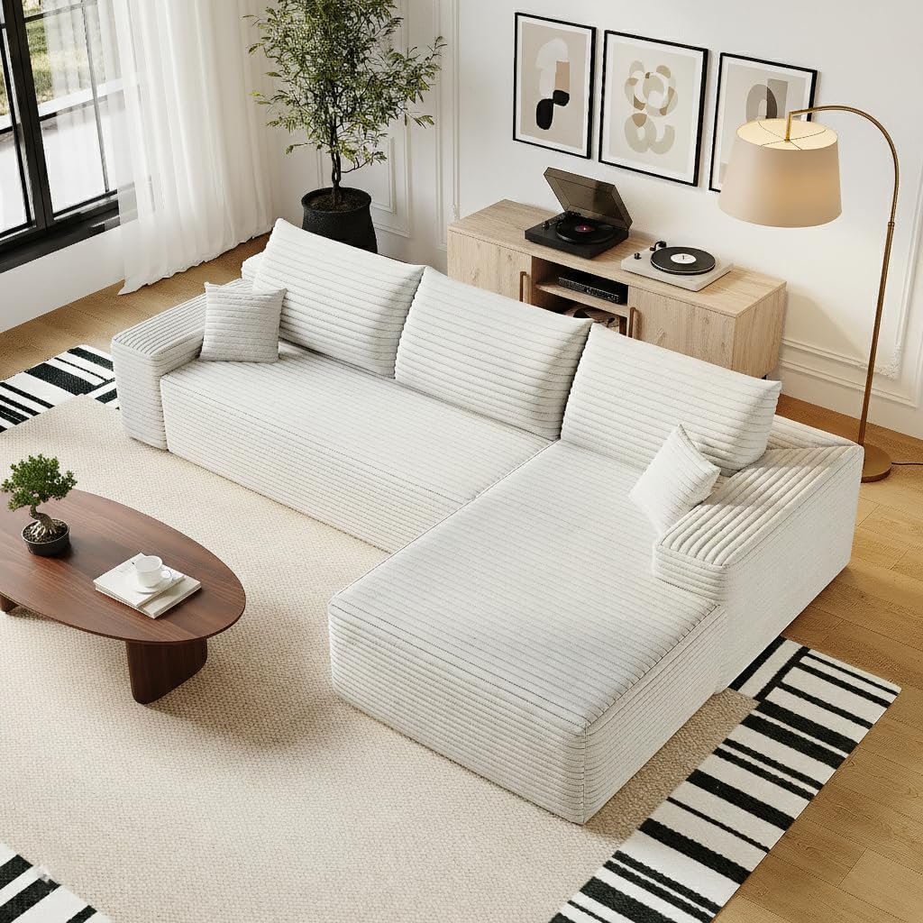 135" Oversized Compressed Sectional Sofa - 33D High-Density Foam Cloud Couch with Deep Seat - Minimalist 3-Piece Corduroy Upholstered Boneless Modular Lounge Couch | Breathable material, Full Foam, Anti-slip wourant