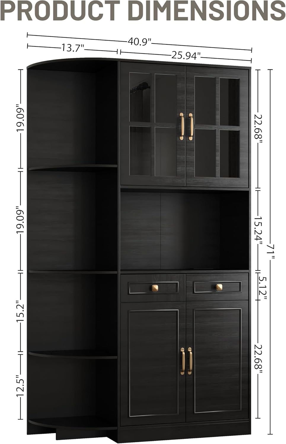 Kitchen Hutch Pantry Cabinet 71" Tall with Glass Doors wourant