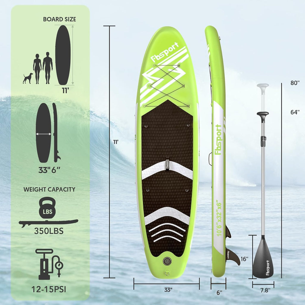 FBSPORT 11' Premium Stand Up Paddle Board, Yoga Board with Durable SUP Accessories & Carry Bag | Wide Stance, Surf Control, Non-Slip Deck, Leash, Paddle and Pump for Youth & Adult wourant