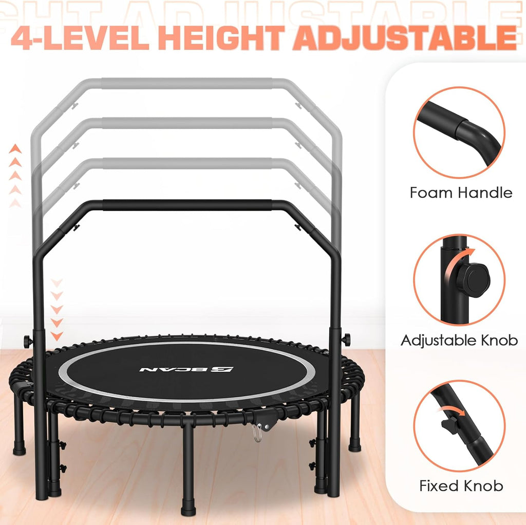 BCAN 450/550 LBS Foldable Mini Trampoline, 40"/48" Fitness Trampoline with Bungees, U Shape Adjustable Foam Handle, Stable & Quiet Exercise Rebounder for Adults Indoor/Outdoor Workout wourant
