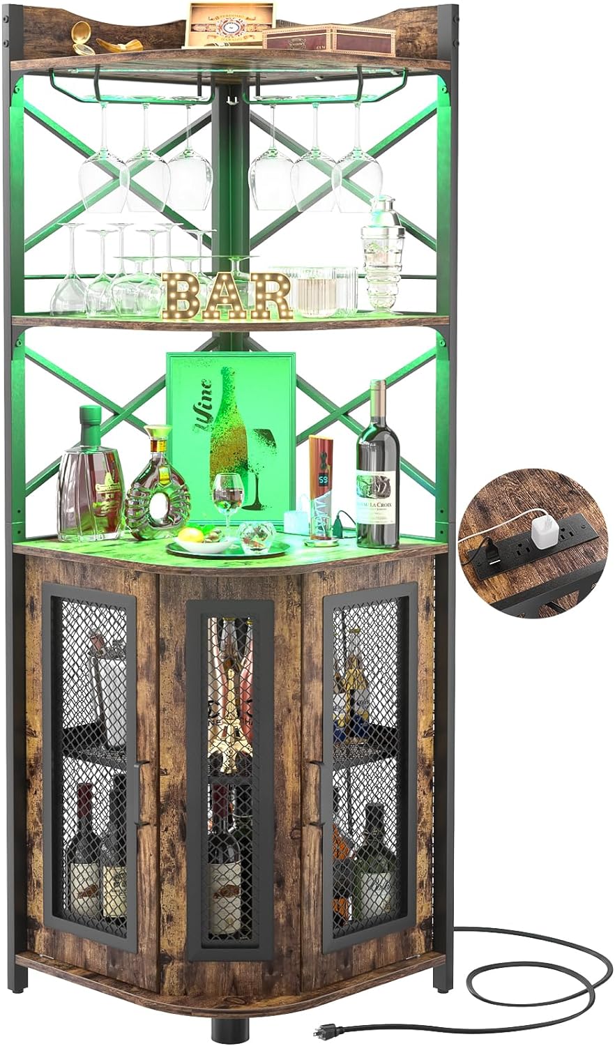 Corner bar cabinet with power socket, industrial style wine cabinet with LED light strip and glass rack, home five-layer wine cabinet bar unit, small space corner display cabinet wourant