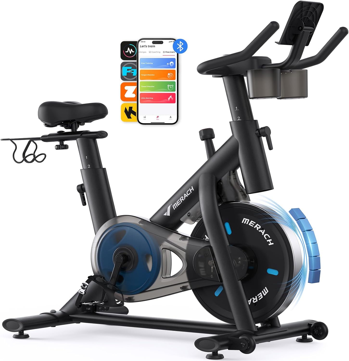 MERACH exercise bike, brake pads with exclusive app, low noise indoor stationary bike wourant