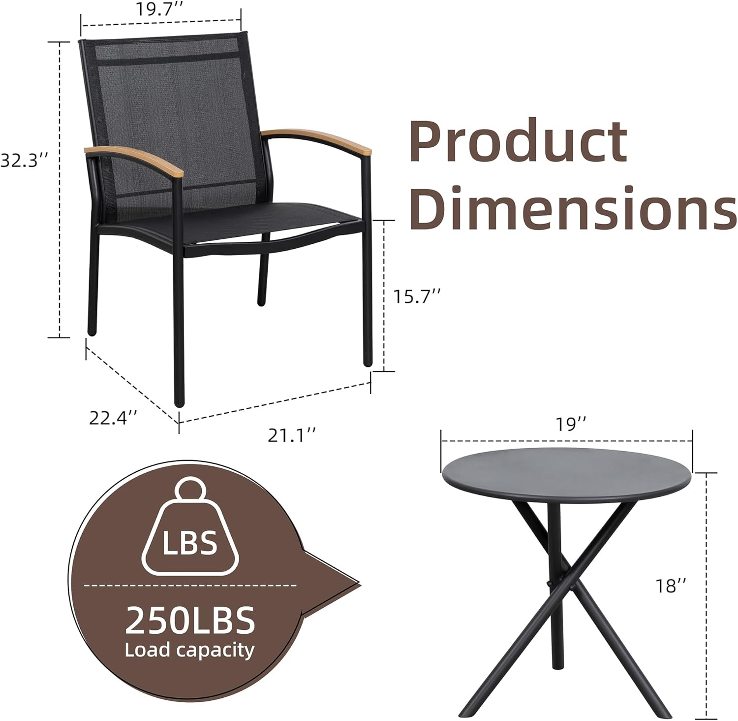 Shintenchi 3 Pieces Patio Bistro Sets, Outdoor Textilene Fabric Conversation Bistro Set, Textilene Fabric Front Porch Chairs Small Patio Furniture Set with Table for Lawn,Garden,Balcony (Black) wourant