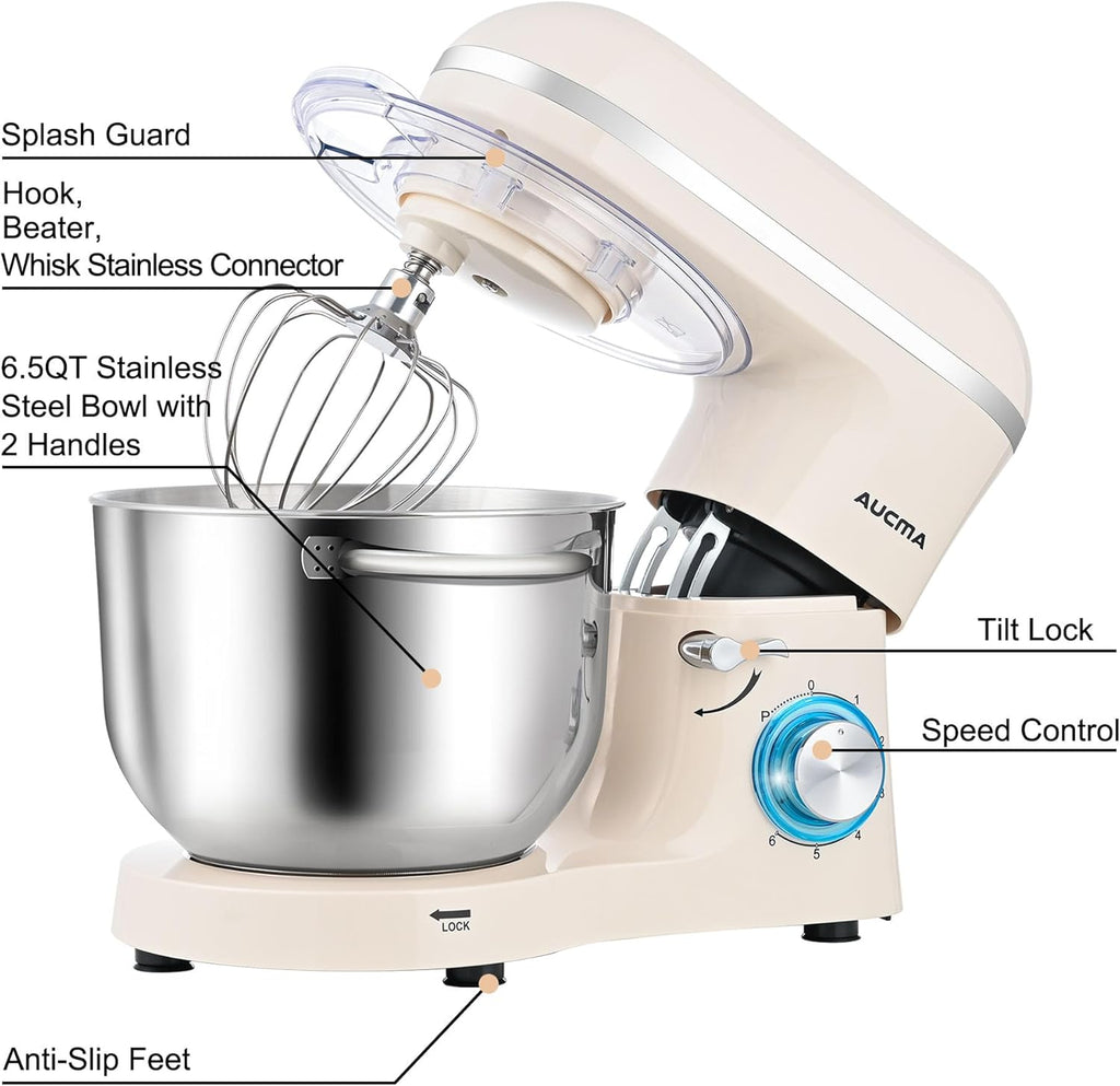 Aucma Stand Mixer,6.5-QT 660W 6-Speed Tilt-Head Food Mixer, Kitchen Electric Mixer with Dough Hook wourant