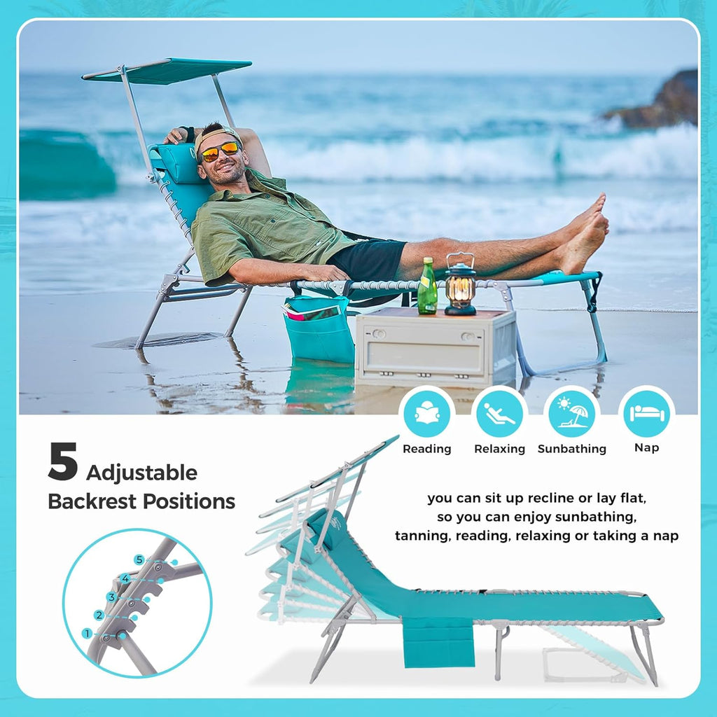 2 Pack Outdoor Chaise Lounge Chair - Portable Folding Patio Pool Lounge Chair, 5 Positions Adjustable Reclining Camping Chair with Side Table,Shoulder Strap, Pillow for Beach Sunbathing Lawn wourant