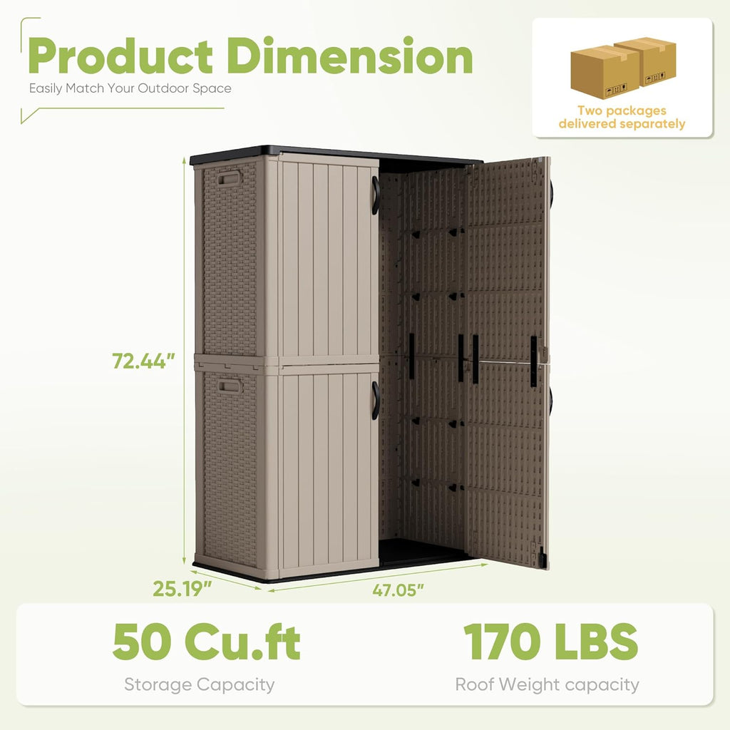 Devoko Outdoor Storage Cabinet 26 Cu Ft with Lockable Doors, Horizontal Storage Shed Waterproof Patio Tools Storage Box wourant