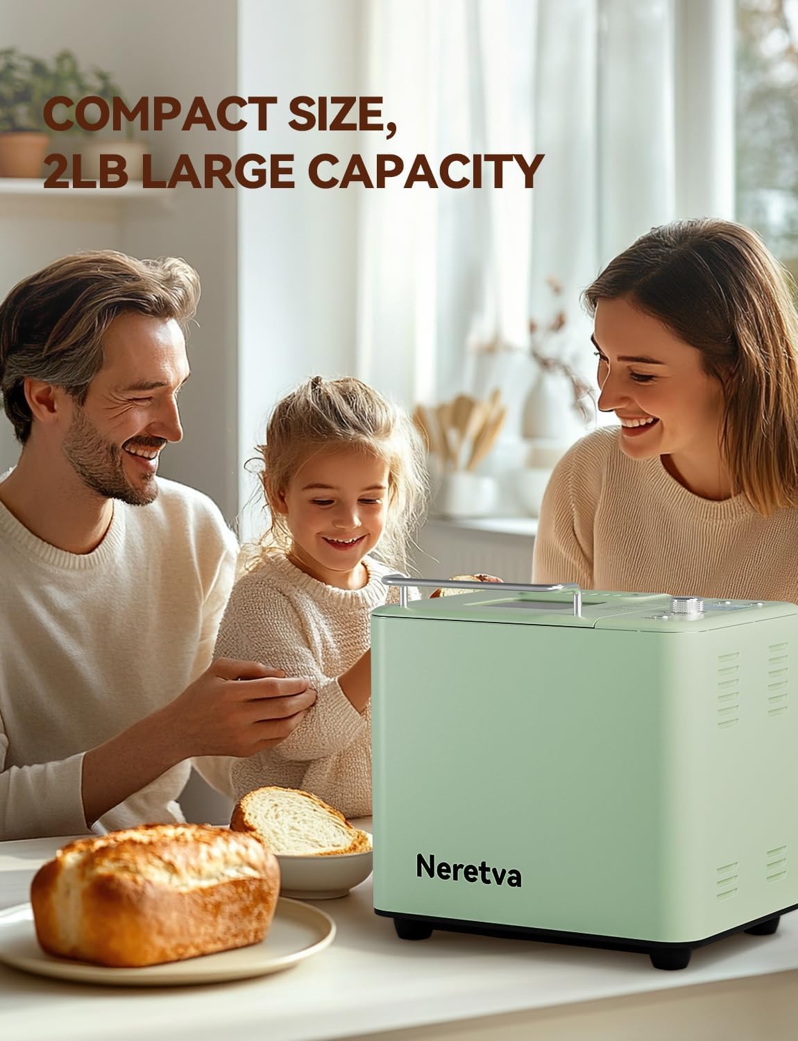 Neretva Bread Maker, 20-IN-1 2LB Bread Machine Dual Heater Bread Maker Machine Automatic with Nonstick Ceramic Pan, 15H Timer & 1H Keep Warm Set, Low Noise, Stainless Steel Breadmaker Recipe-Green wourant