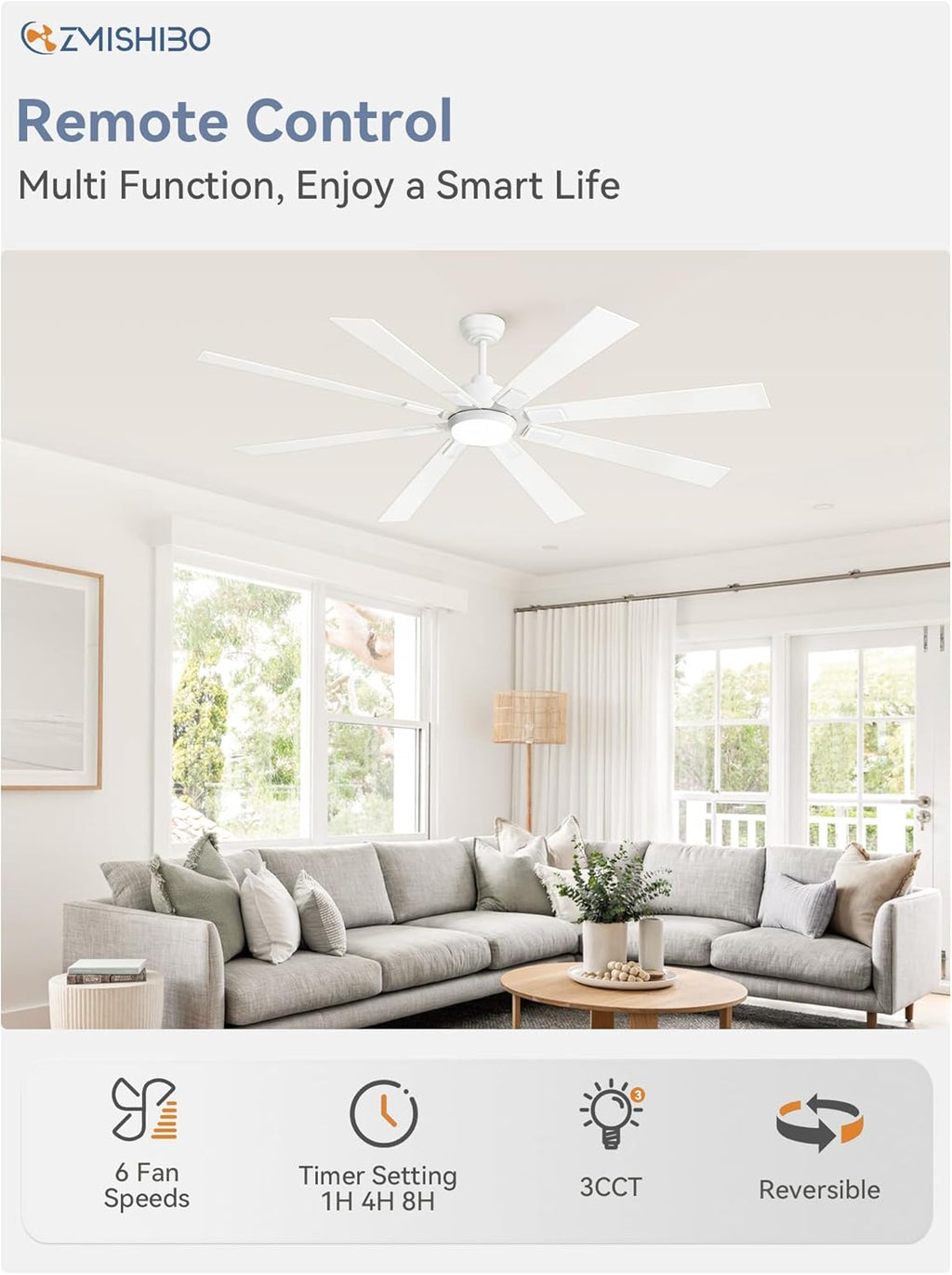 ZMISHIBO 72 inch Large Ceiling Fans with Lights and Remote, Indoor/Outdoor Black Modern Ceiling Fan for Kitchen Living Room Patio, 6 Speed Reversible Quiet DC Motor, 3 CCT, Dual Finish 8 Blades wourant