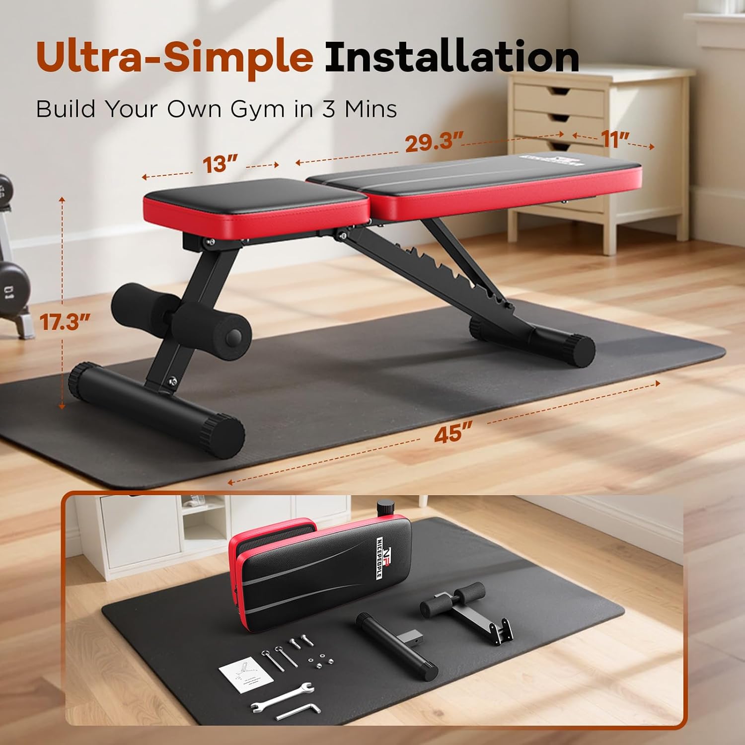 Basic Weight Bench for Home Gym, Foldable Workout Bench with 8 Backrests, 660LBS Weight Capacity Adjustable Bench wourant