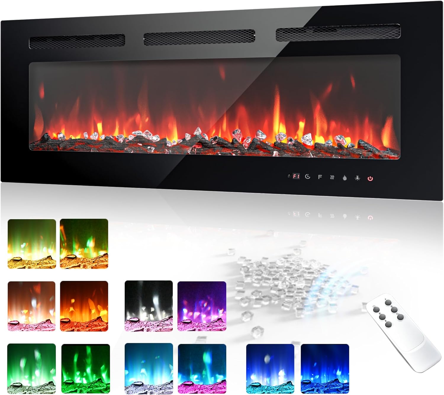 EUHOMY 50 Inch Electric Fireplace Wall Recessed and Wall Mounted with Adjustable Flame Color, Fireplace Heater with Remote Control, Linear Fireplace with Timer, Touch Screen, Log & Crystal, 750/1500W wourant