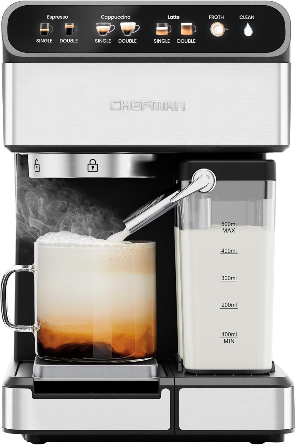 Chefman CaféMaster Pro Espresso Machine, Brew Single or Double Shots, Coffee Maker with Built-In Milk Frother for Cappuccino & Latte, XL 1.8 Liter Removable Water Reservoir - Stainless Steel woonhhop