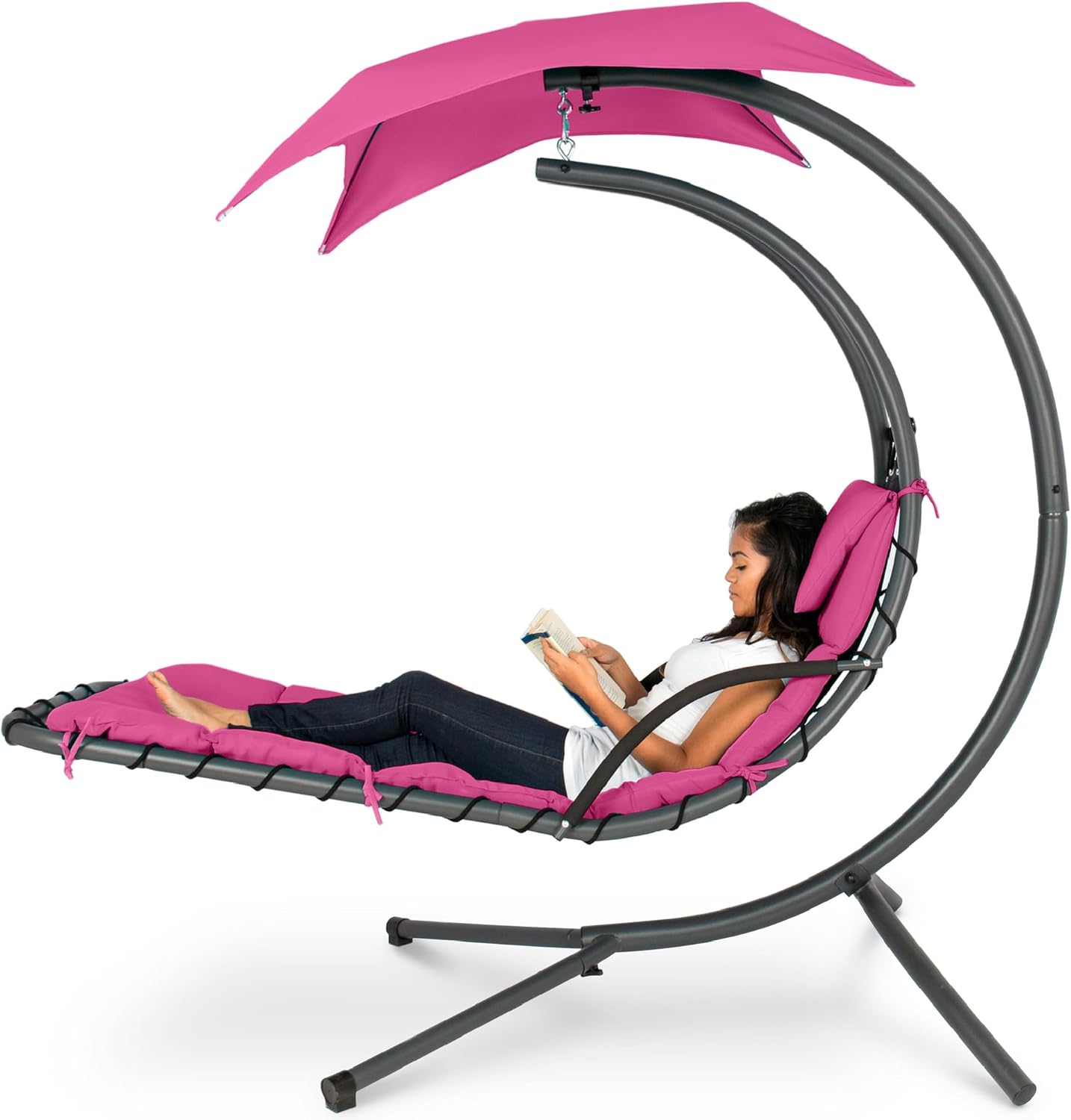 Best Choice Products Outdoor Hanging Curved Steel Chaise Lounge Chair Swing w/Built-in Pillow and Removable Canopy - Charcoal Gray wourant