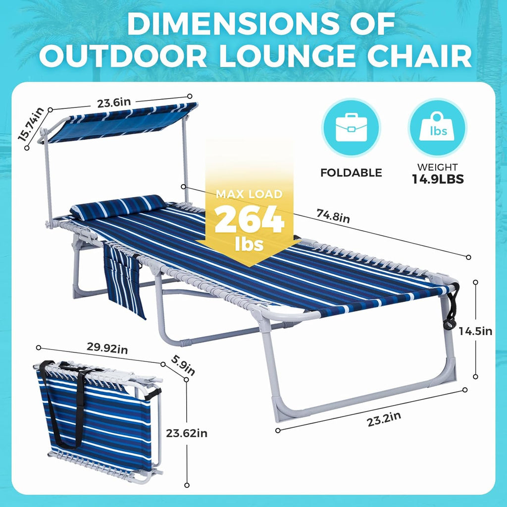 2 Pack Outdoor Chaise Lounge Chair - Portable Folding Patio Pool Lounge Chair, 5 Positions Adjustable Reclining Camping Chair with Side Table,Shoulder Strap, Pillow for Beach Sunbathing Lawn wourant